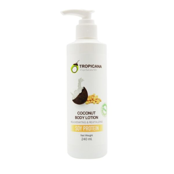 Tropicana, coconut oil and soybean extract body lotion, NON PARABEN formula, size 240 ml.