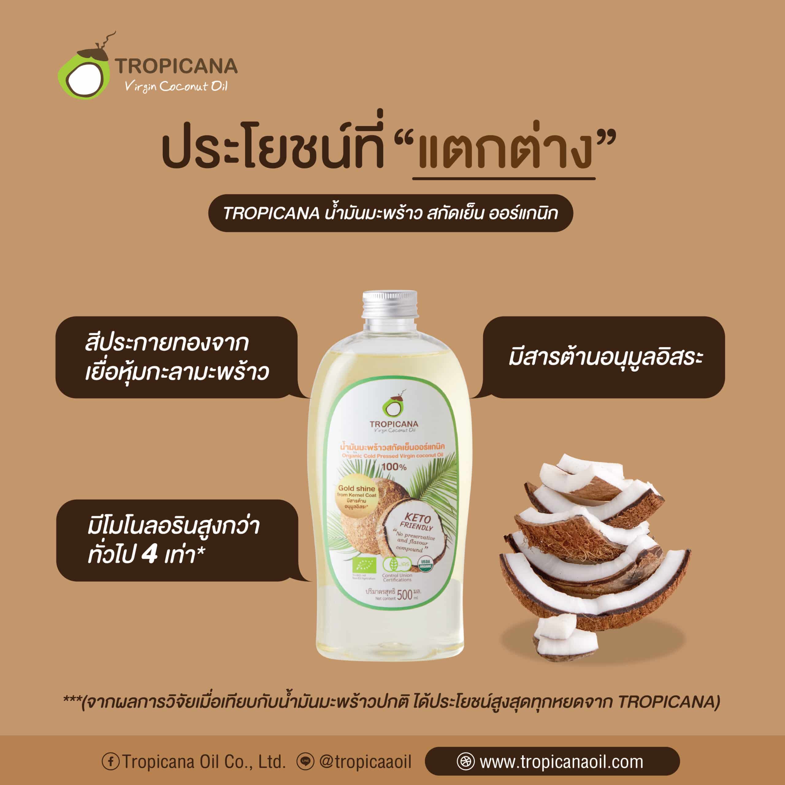 ประโยชน์ที่แตกต่างของน้ำมันมะพร้าว TROPICANA