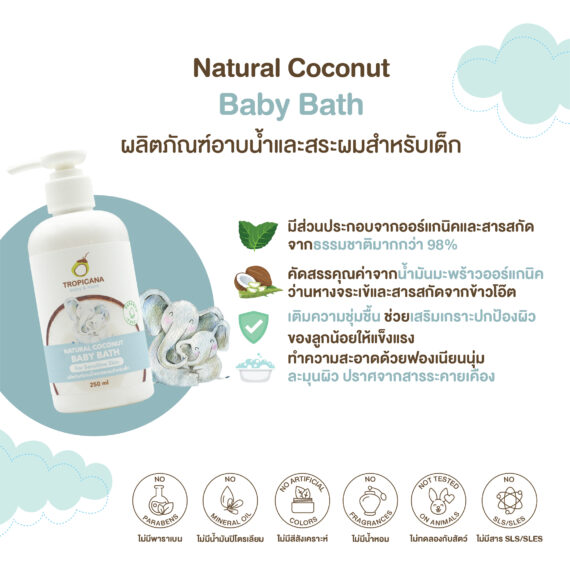 Tropicana | ทรอปิคานา ผลิตภัณฑ์อาบน้ำและสระผมสำหรับเด็ก ปราศจากสารระคายเคือง | Natural Coconut Baby Bath 250 ML